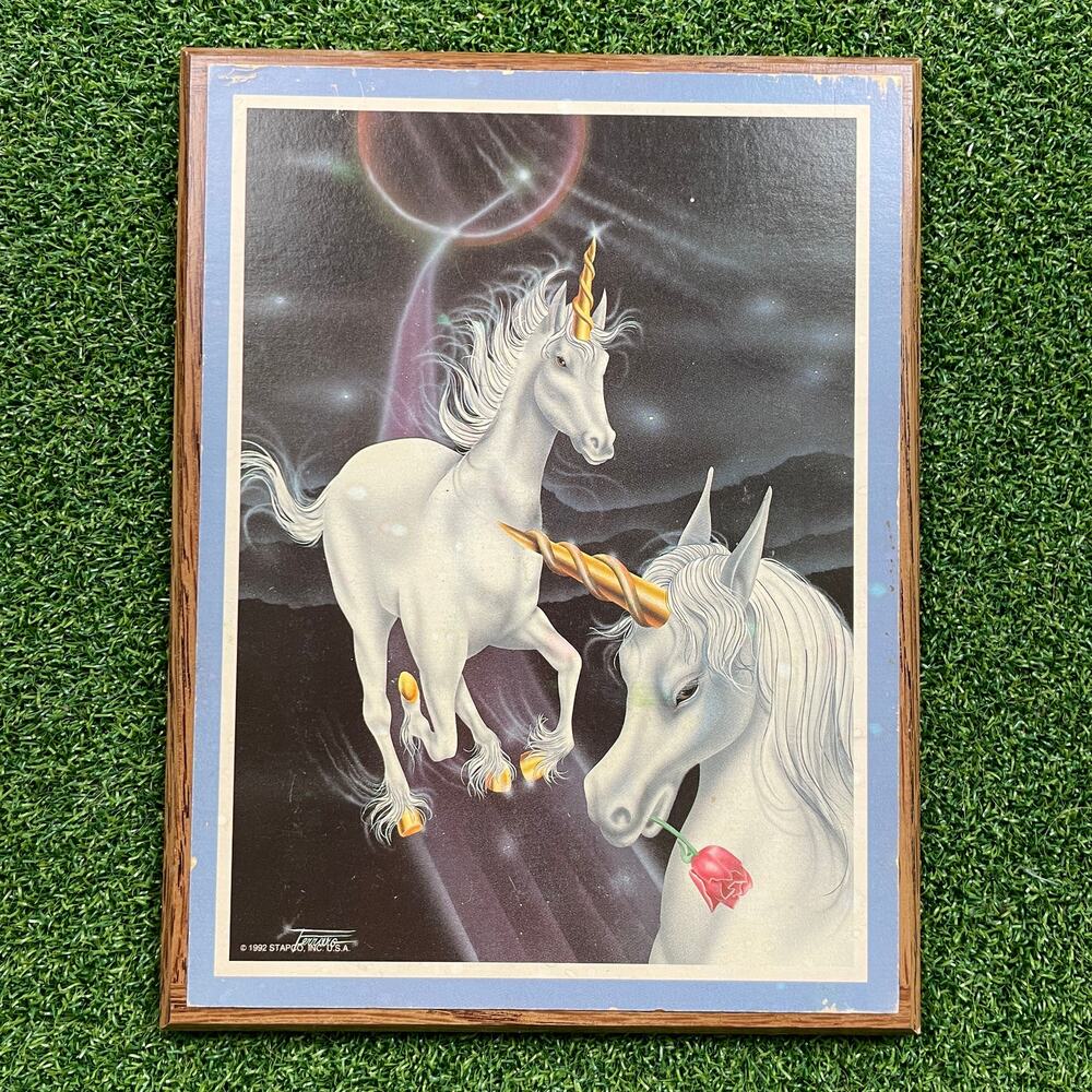 Vintage 90s Ferraro Unicorn Wooden Art Print 6.5" x 8.5"